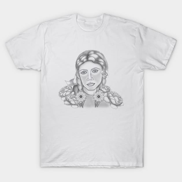 Sketch Girl with peonies, line, black and white,portrait T-Shirt by KateQR